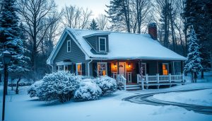 Heavy snow covering a residential roof during winter.